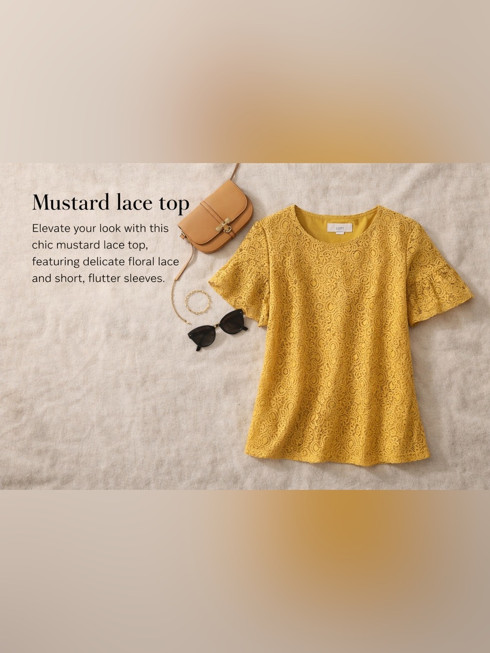 LOFT Mustard Yellow Lace Short Sleeve Top